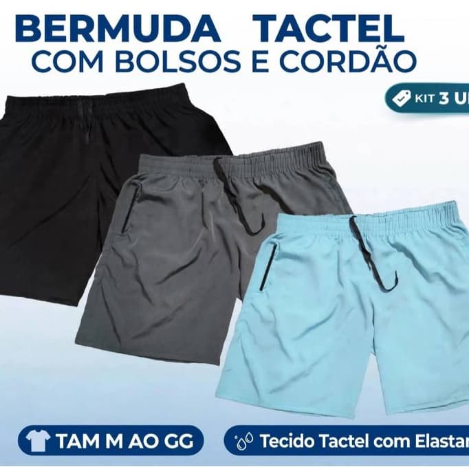 Kit 3 Bermudas Masculina Tactel Academia Treino  Bolsos Praia Esportiva Elástico na cintura