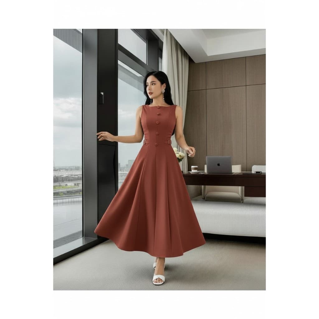 Vestido Longo Elegante De Sem Manga Com Cintura Marcada E Decote Em V