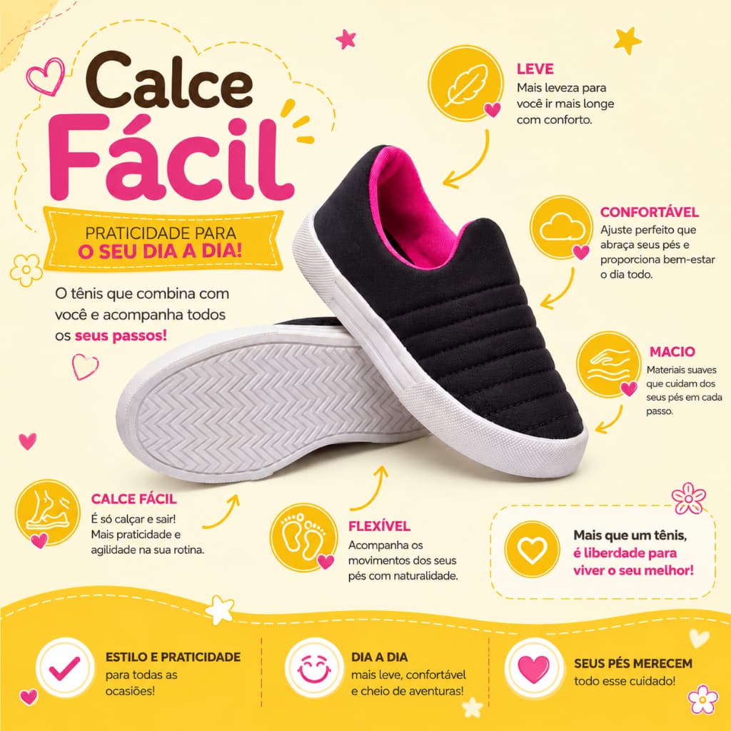 Tênis Infantil Feminino Calce Fácil Confortável Escola e Passeios