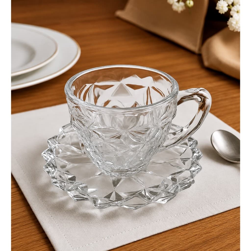 Jogo De 3 Xícaras Chá Café Com Pires Rocks 185ml Transparente Rocks