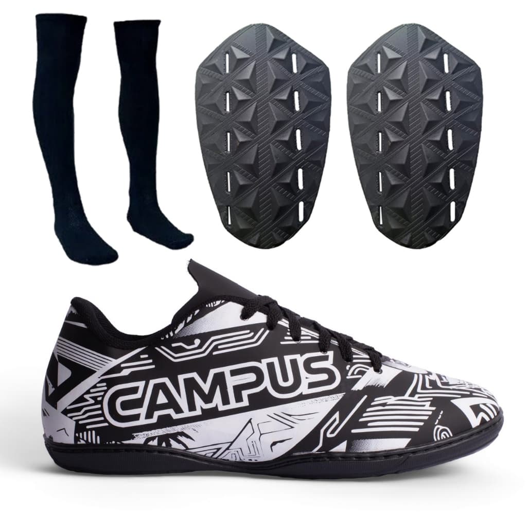 Kit Chuteira Futsal Profissional Campu´s Quadra com Meião e Caneleira sola costurada borracha
