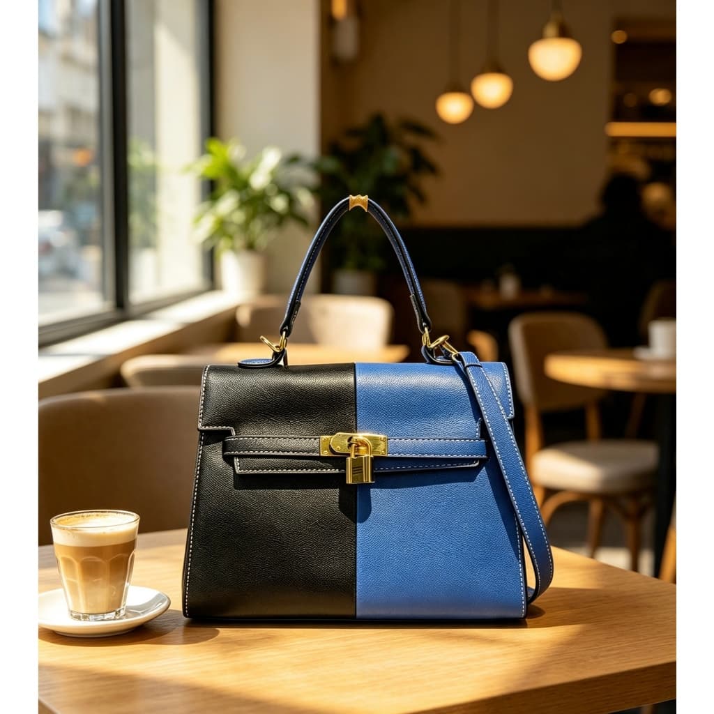 Bolsa Kely Feminina Bicolor Preto e Azul, Bolsa de Mão Luxuosa para Passeios e Ocasiões Especiais