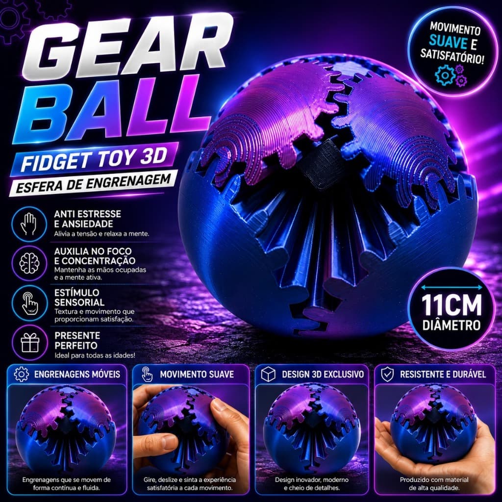 Gear Ball Fidget Toy Esfera de Engrenagem 3D Sensorial Anti Estresse