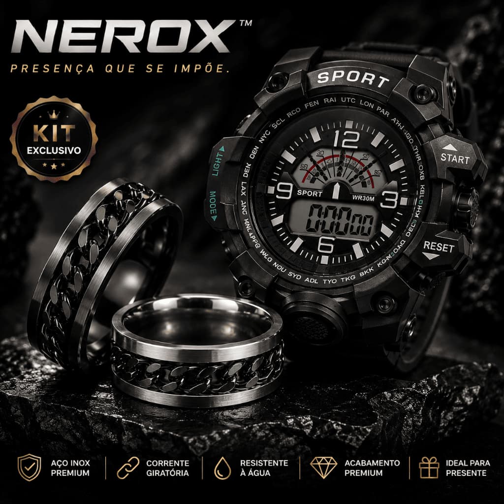 Relógio Digital Luxo + 2 Anel Masculino Aço Inox Corrente Spinner Antiestresse + Relógio Digital Luxo