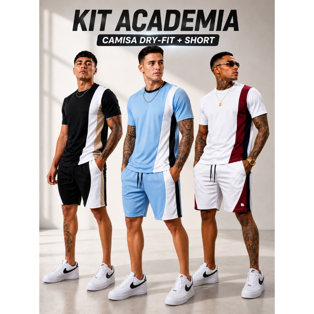 Conjunto Masculino Dry Fit Premium Camiseta e Bermuda Esportivo Academia Casual