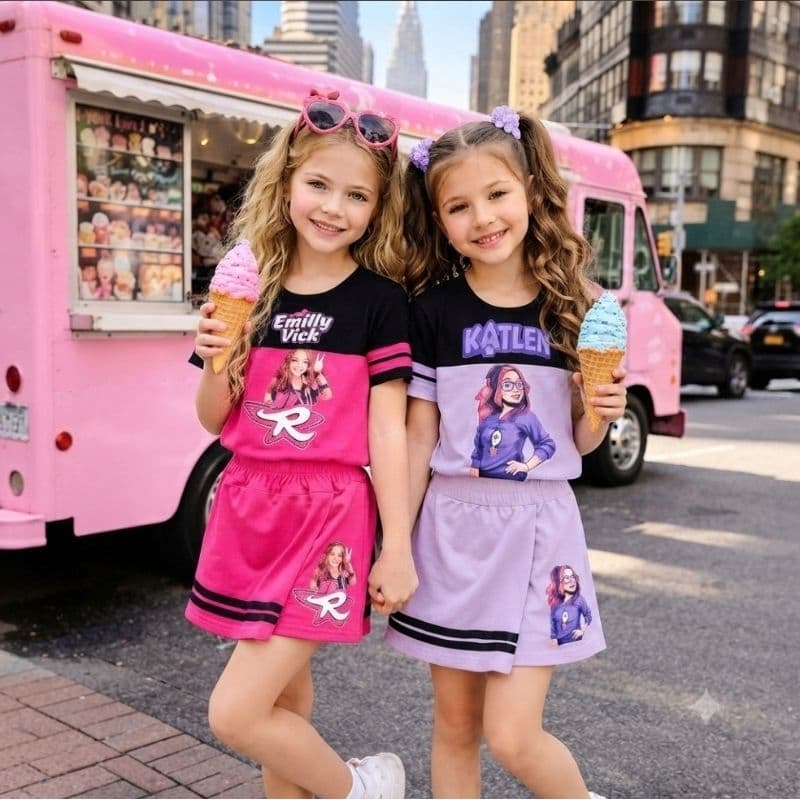 Conjunto Infantil Menina Emily Vick Croped e Short Saia Modinha Camiseta Emily Vick Foguete Ketlen Os Rosas