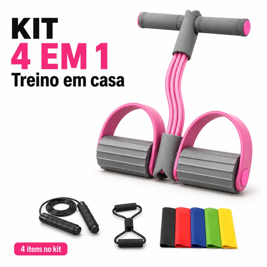 Kit Fitness Corda de Pular Ajustável Rolamento 360° + Elástico Extensor com Pedal + Cross Tube + 5 Faixas Mini Band