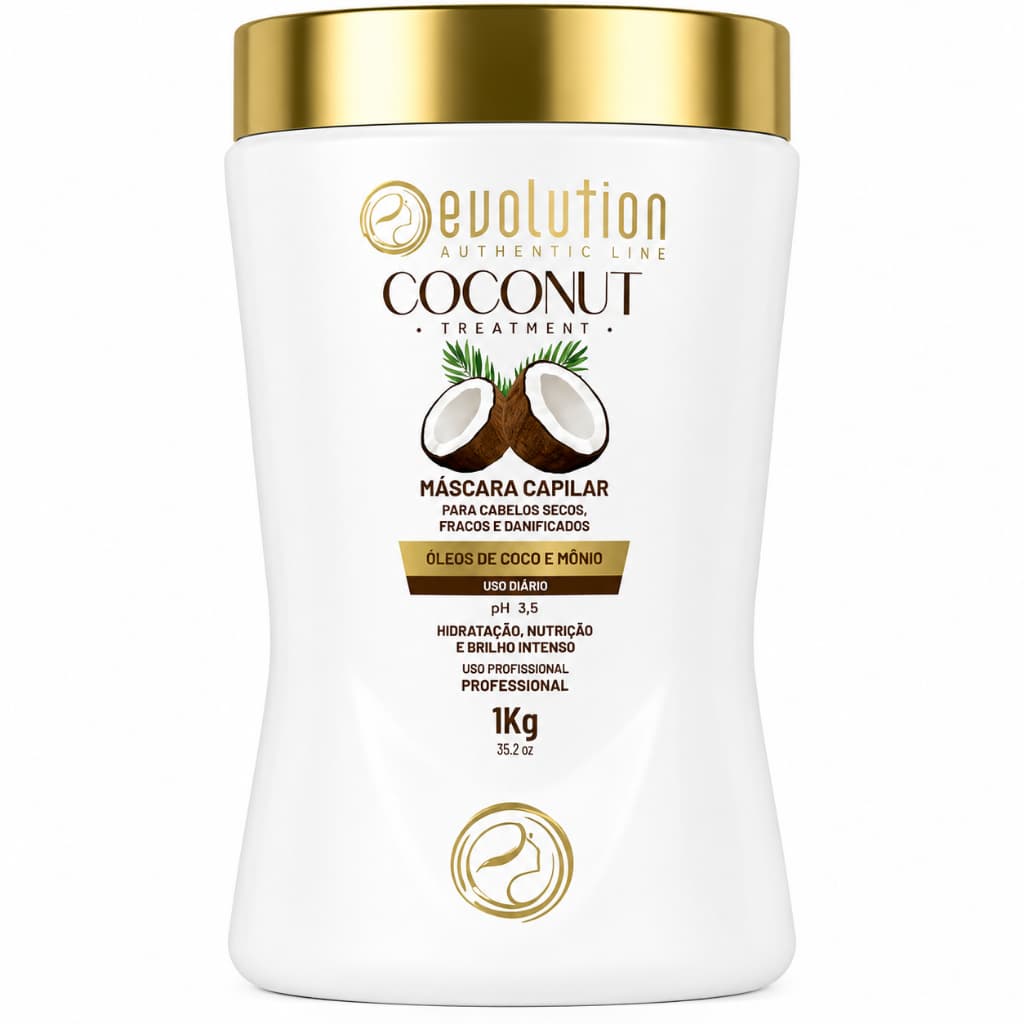 Evolution Máscara Capilar Coconut 1kg com Óleo de Rícino para Brilho Força e Crescimento Cabelos Secos Fracos e Danifica
