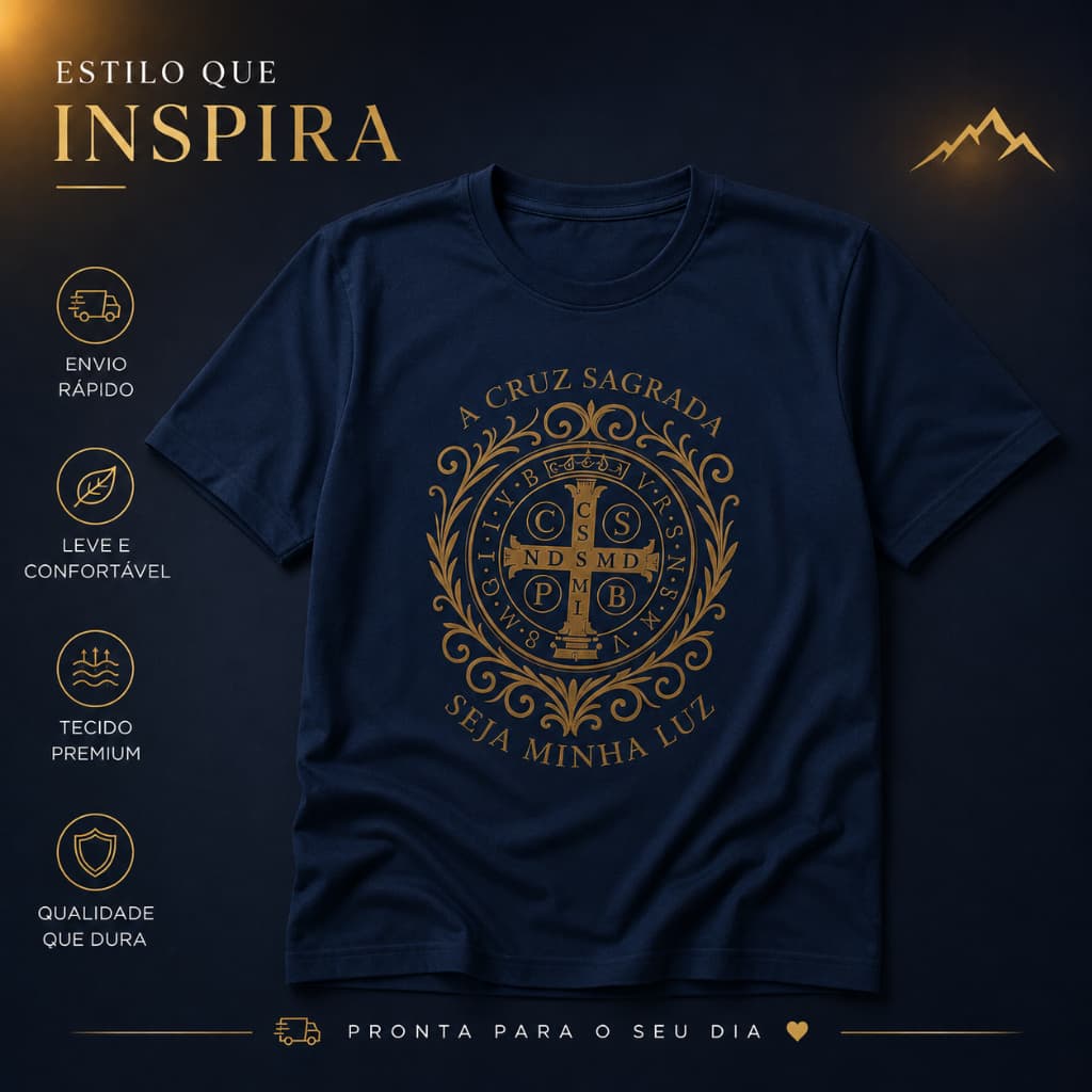 Camiseta Feminina A Cruz Sagrada São Bento Dourada 100% Algodão Estampada Religiosa Envio Rápido