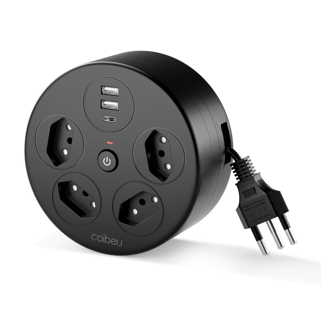 COIBEU Extensão Elétrica com Cabo Retrátil e Portas USB-A/C – 4 Tomadas, 2200W – WK-HY506
