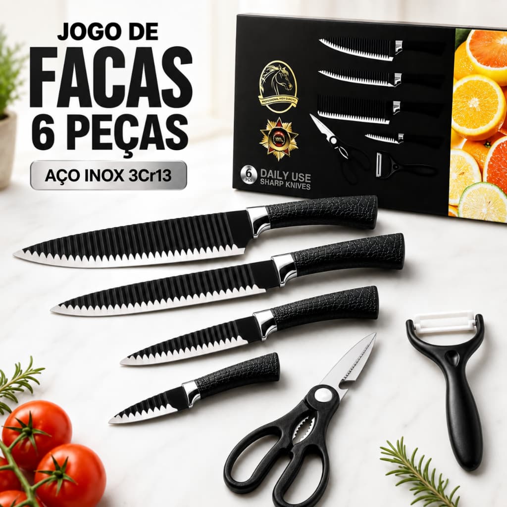 Jogo de Facas 6 Peças para Cozinha Aço Inox 3CR13 com Tesoura e Descascador