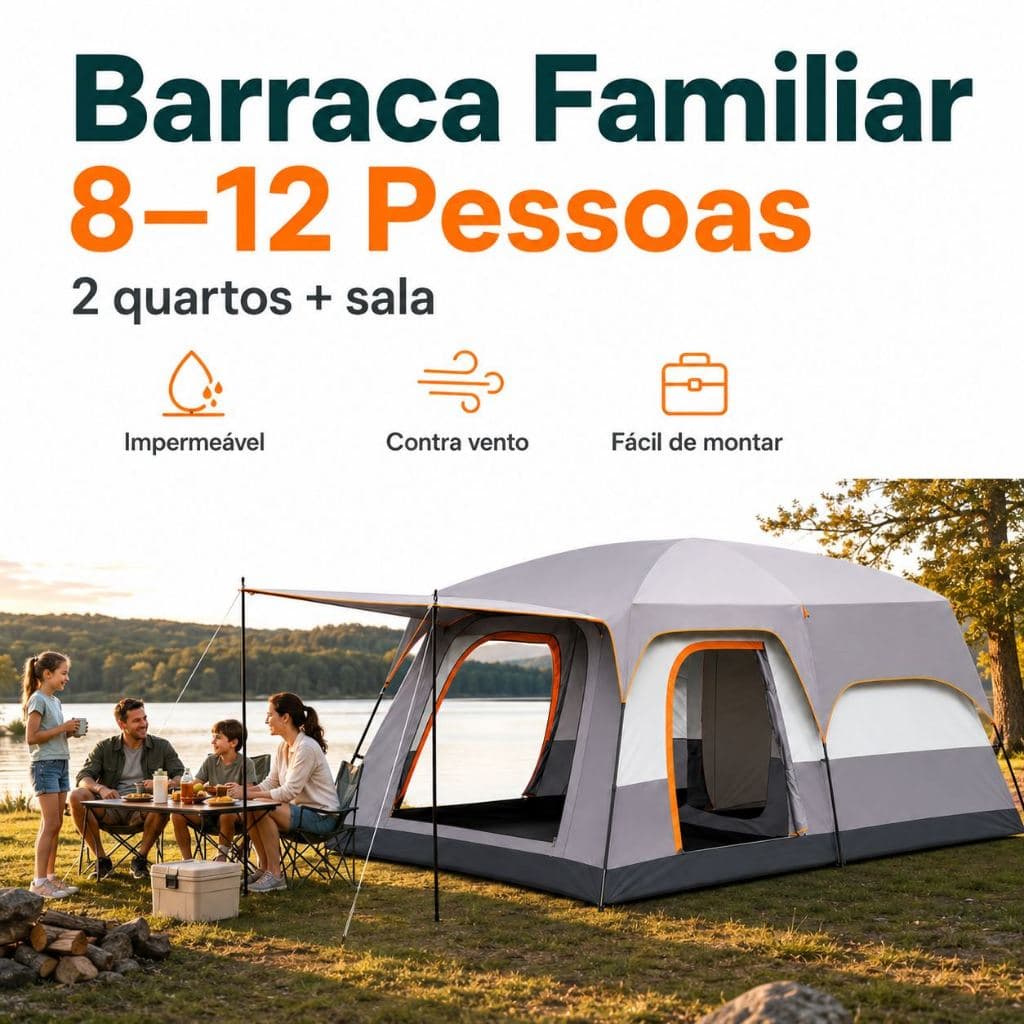 Barraca Familiar 8 a 12 Pessoas Camping Grande com 2 Quartos + Sala Impermeável Resistente ao Vento