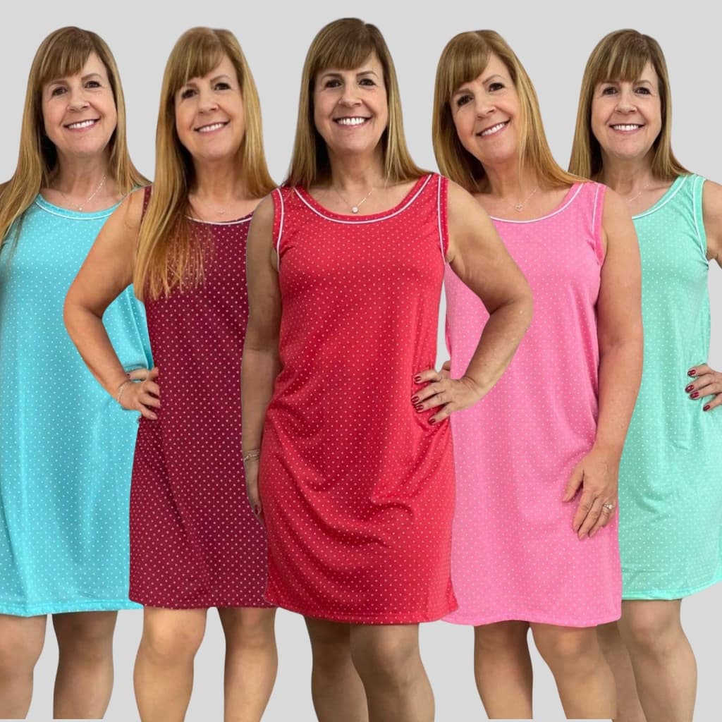 Kit 5 Camisolas Poá de Malha Verão Vestido Regata Senhora Cirurgia Confortável de Dormir