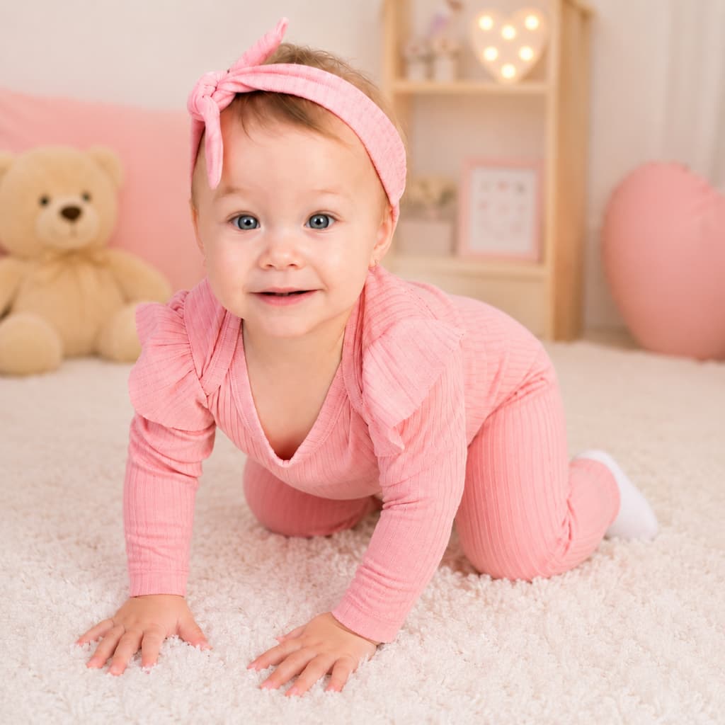 Conjunto Canelado Body e calça Bebê Menina com Tiara Manga Princesa