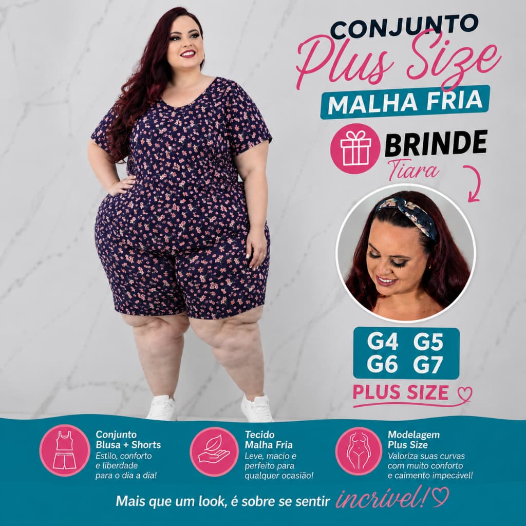 Conjuntinho Plus Bermuda e  Manga curta Malha Fria Moda Jovem + Tiara de Brinde