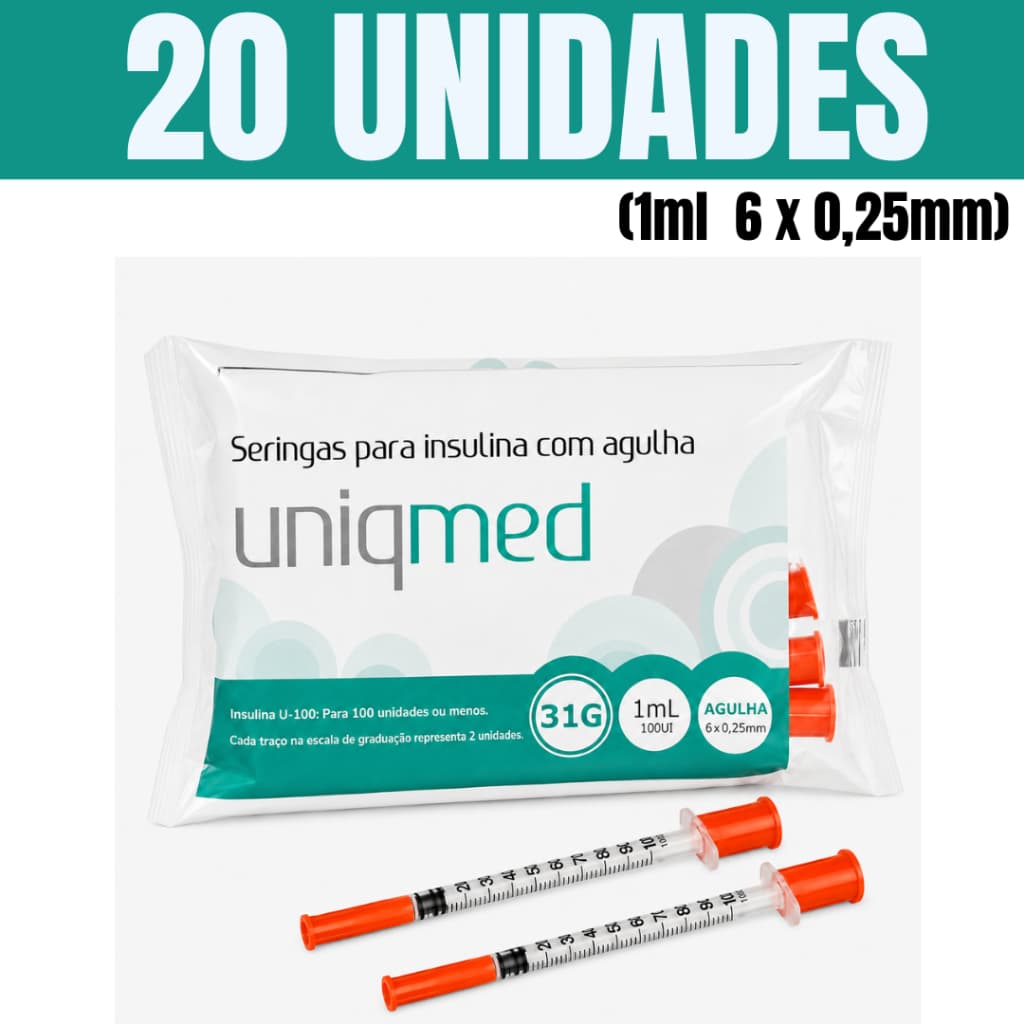 Kit 10 Ou 20 Un Seringa de Insulina Botox 1mL Uniqmed 6 X 25mm 31g Com Agulha Fixa Ultrafina