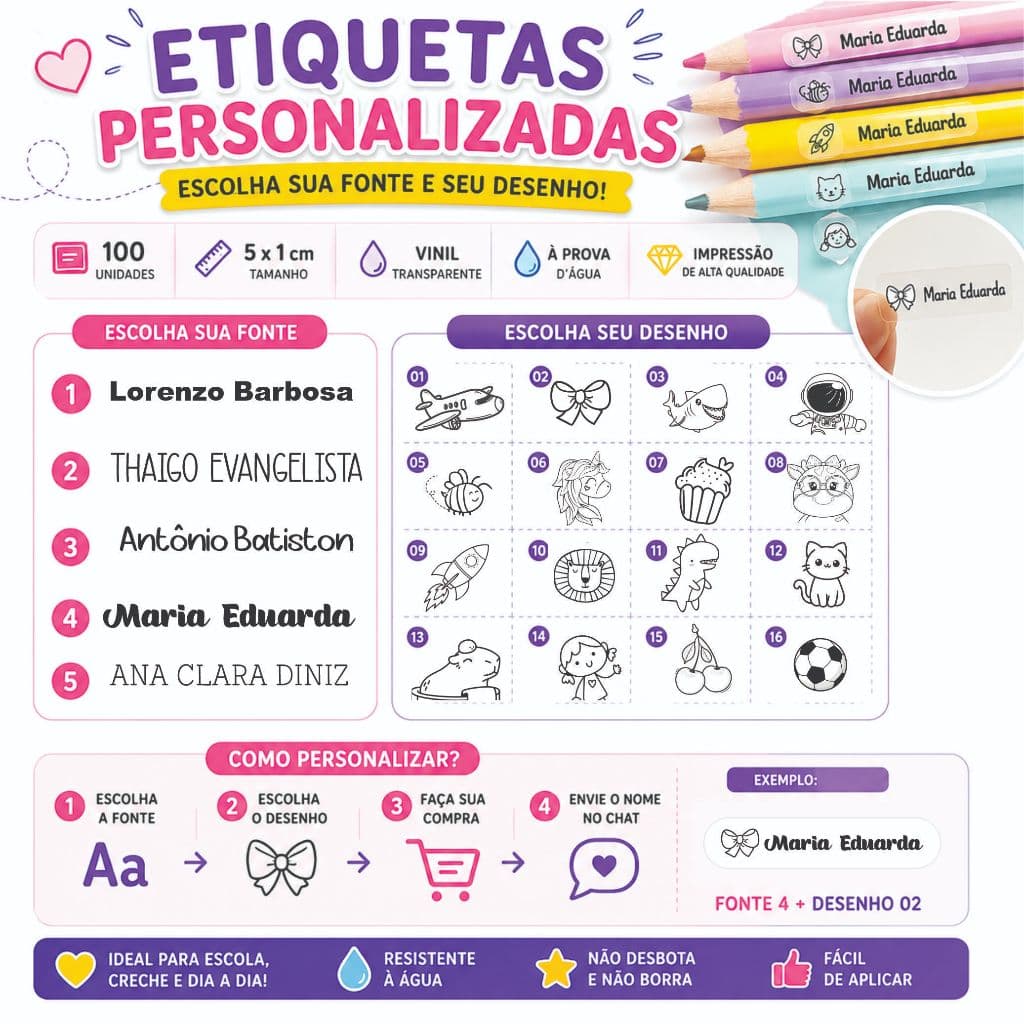 100 Etiquetas Escolares Personalizadas com Nome e Desenho | Vinil Transparente 5x1cm à Prova D'Água