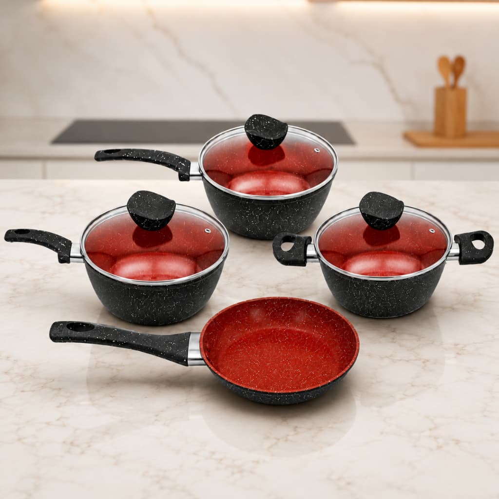 Jogo De Panelas Antiaderente 4 PCS Fogão Indução Gás Caçarola Frigideira Tampa Vidro Preto Vermelho