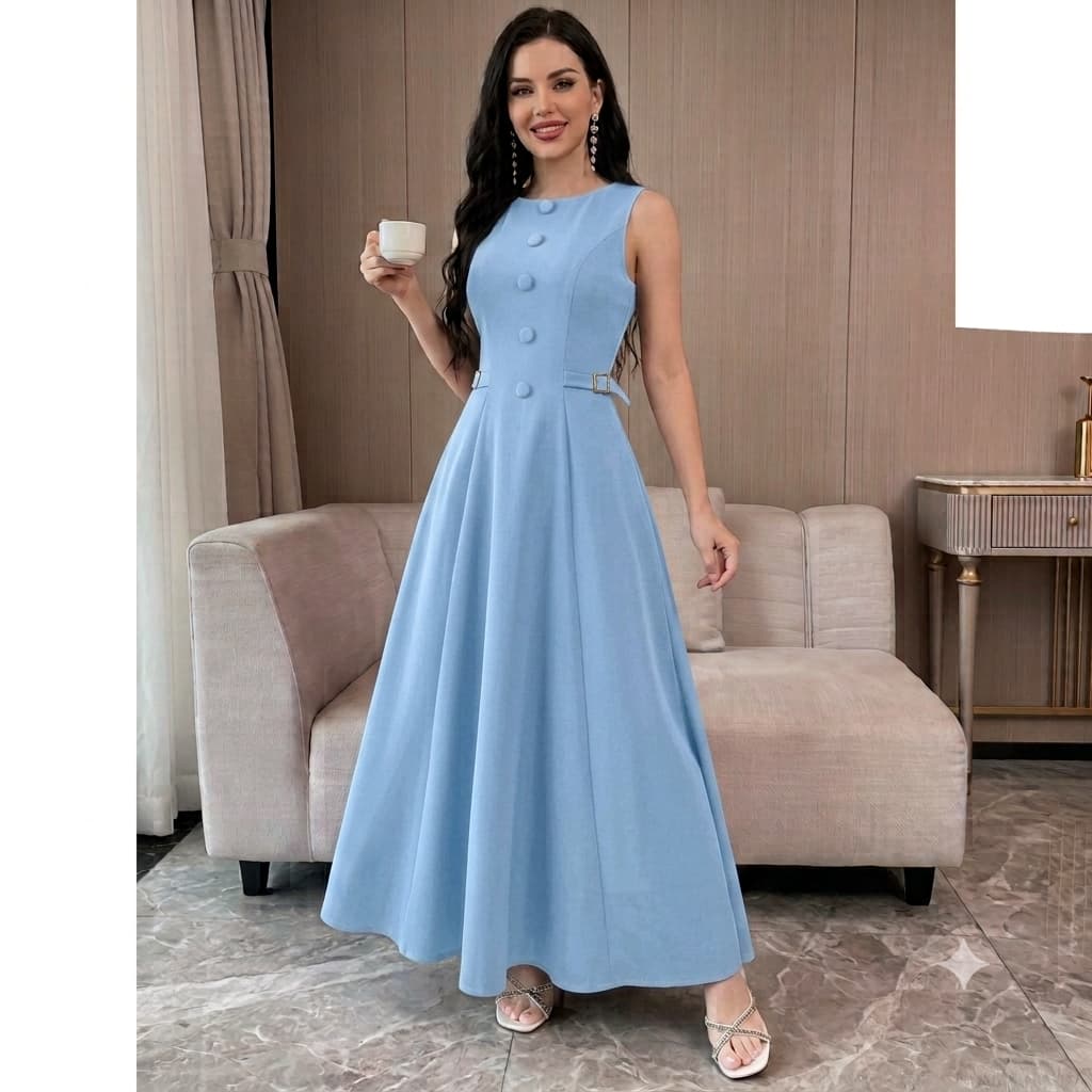 Vestido longo femenino elegante con votoes  acinturado rodado social festa nobtecido alfaiataria premiun