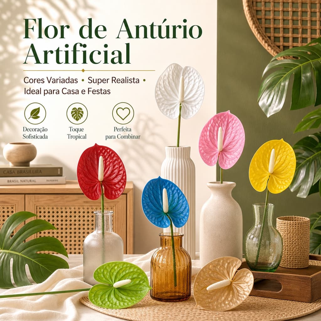 Antúrio Artificial com Folhas Realistas Planta Decorativa para Mesa Sala Quarto Festa