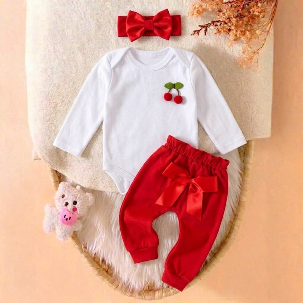 Conjunto Infantil Menina - Body Cerejinha com Calça e Faixa