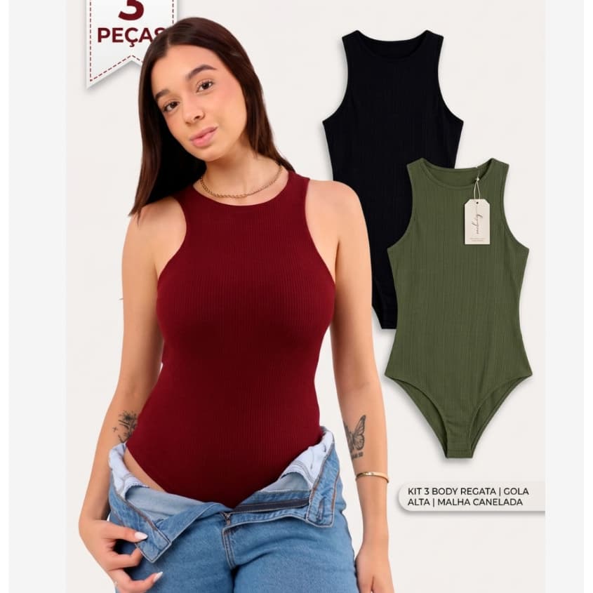 Kit 3 Body Feminino Canelado Texturizado Regata Confortável Básica M ao GG