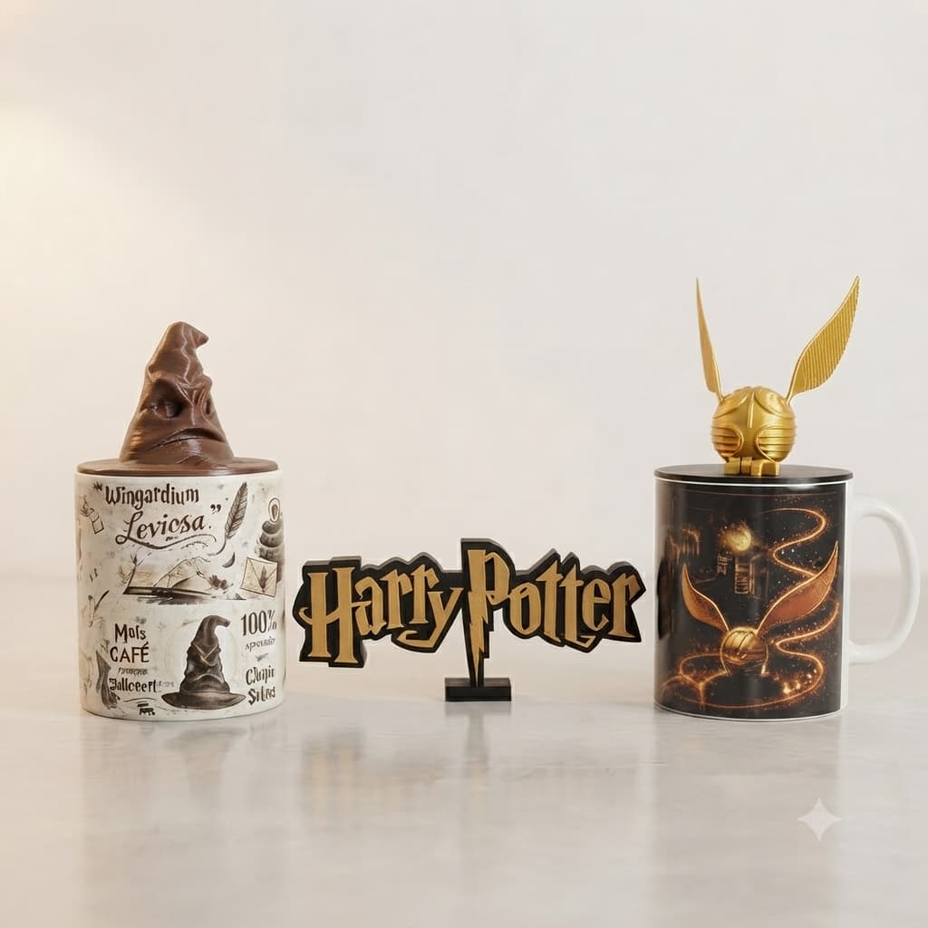 Kit 2 Canecas Harry Potter com Acessórios e Letreiro Decorativo Presente Geek
