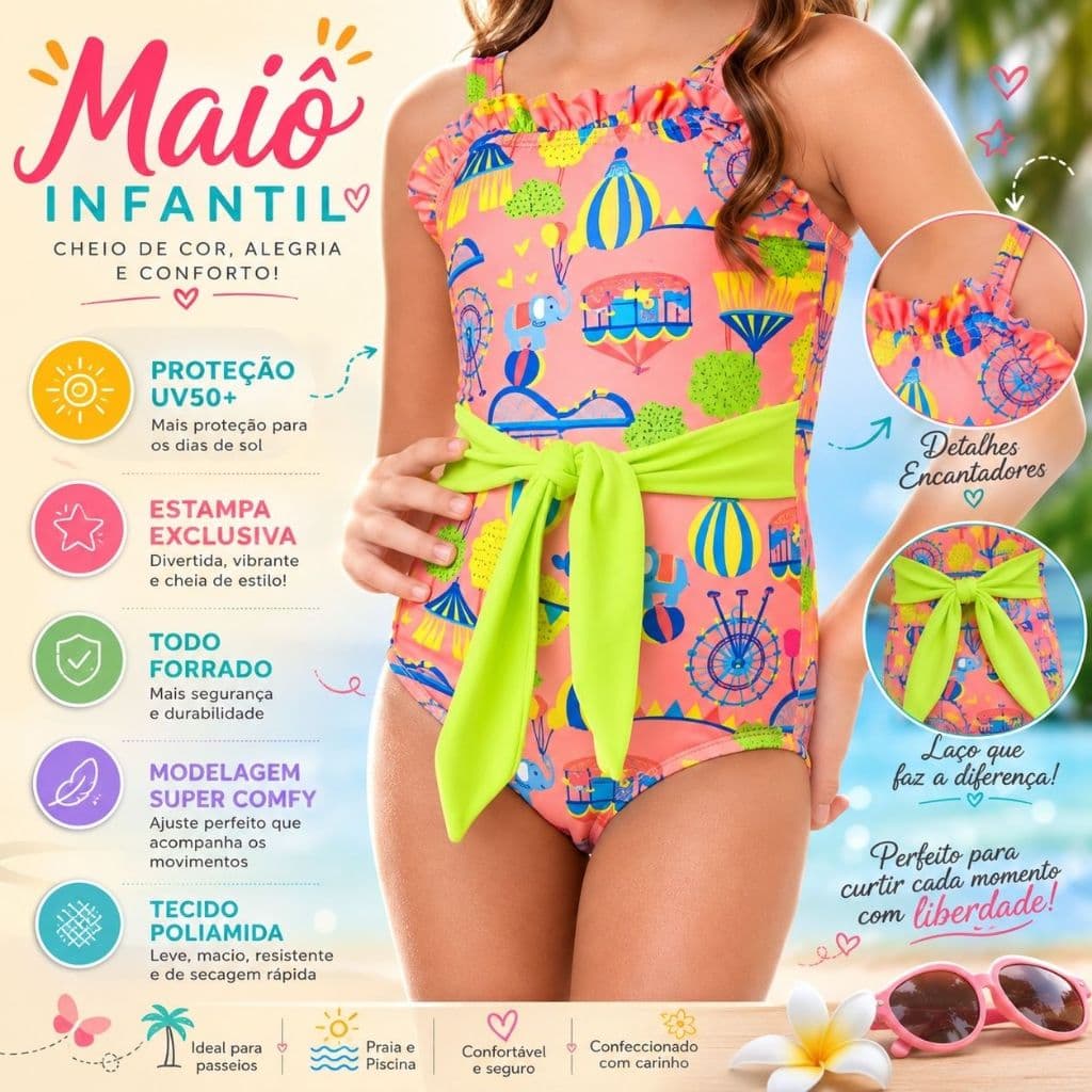 Maiô Infantil Menina OFERTA I Lycra Premium I Proteção UV50+ I Forrado I Confortável e Seguro para Praia e Piscina