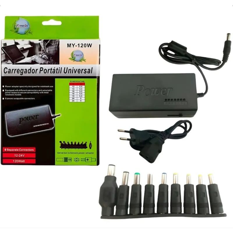 Fonte Carregador Universal Notebook 120W 12V-24V Bivolt 8 Conectores Adaptador Laptop