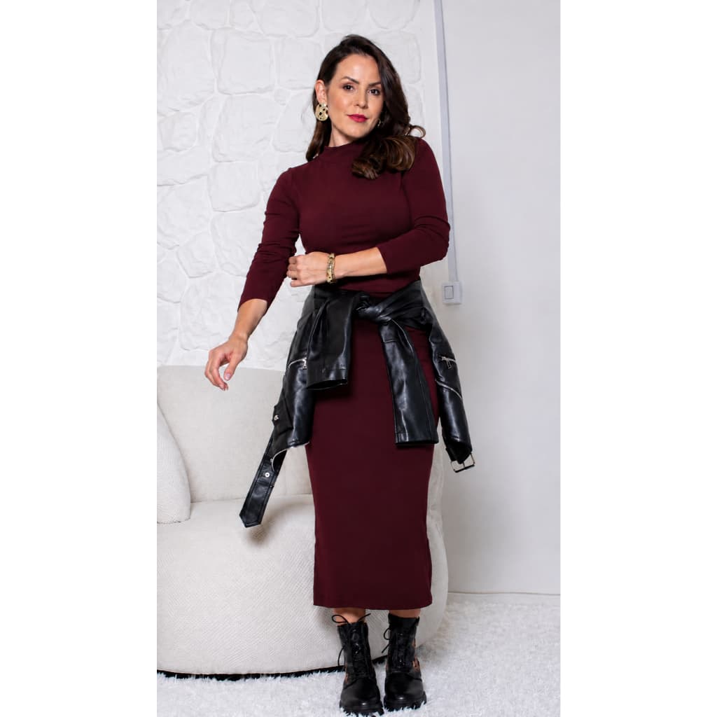 Vestido feminino plus size longo gola alta com fenda ribana canelado premium casual festa rua basico