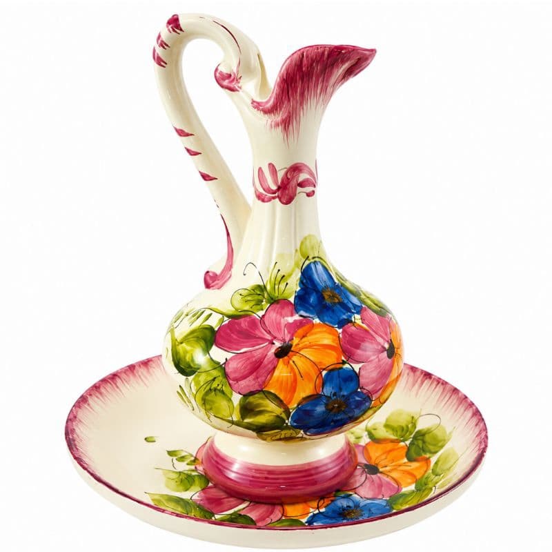 Jarra decorada 24x12cm Com Bacia 4,5x21cm Em Porcelana Cor lilas/Azul