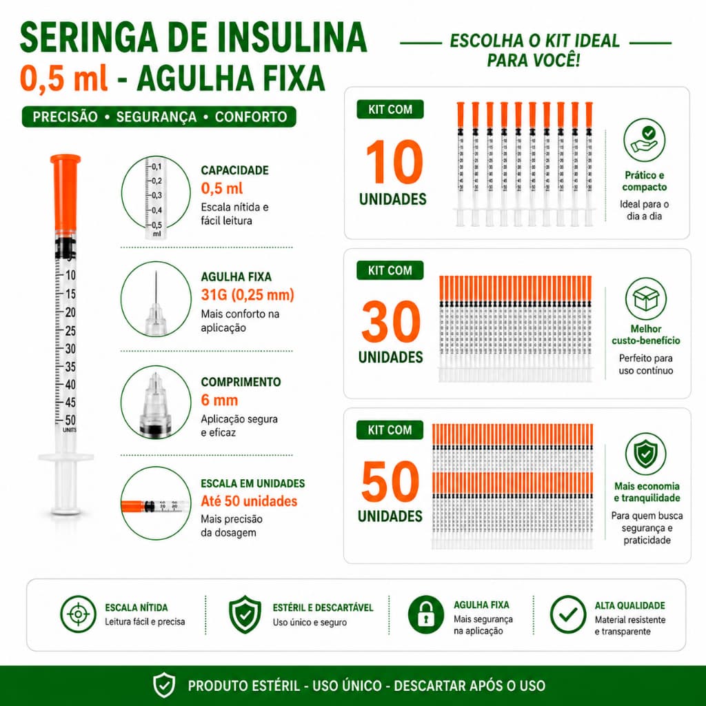 Seringa Insulina 0,5ml Fixa Agulha Fina Ultrafina 0,25mm x 6mm Graduada Estéril Descartável 50ui