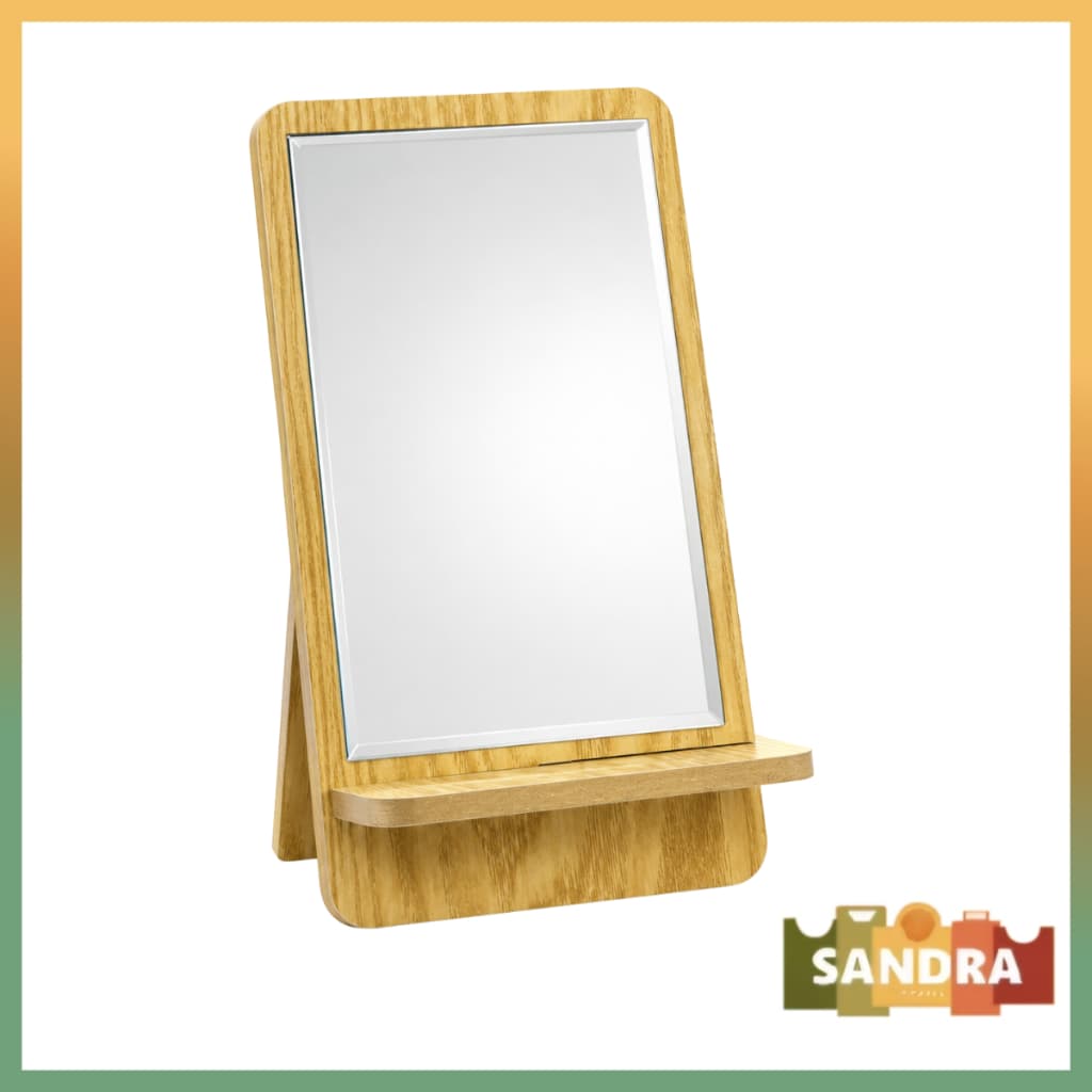Espelho de Mesa com Prateleira 26,3cm Moldura Amadeirada Organizador para Quarto Banheiro