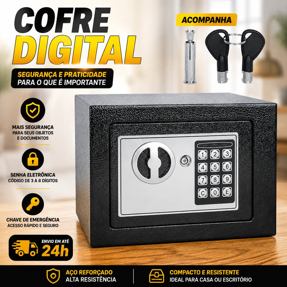 Cofre Digital Eletrônico com Senha Teclado Chave Segurança para Dinheiro Documentos Joias