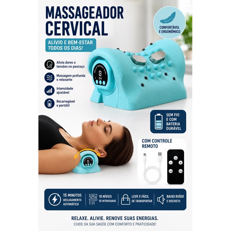 Massageador Cervical Elétrico EMS Tração para Pescoço Recarregável Controle Remoto