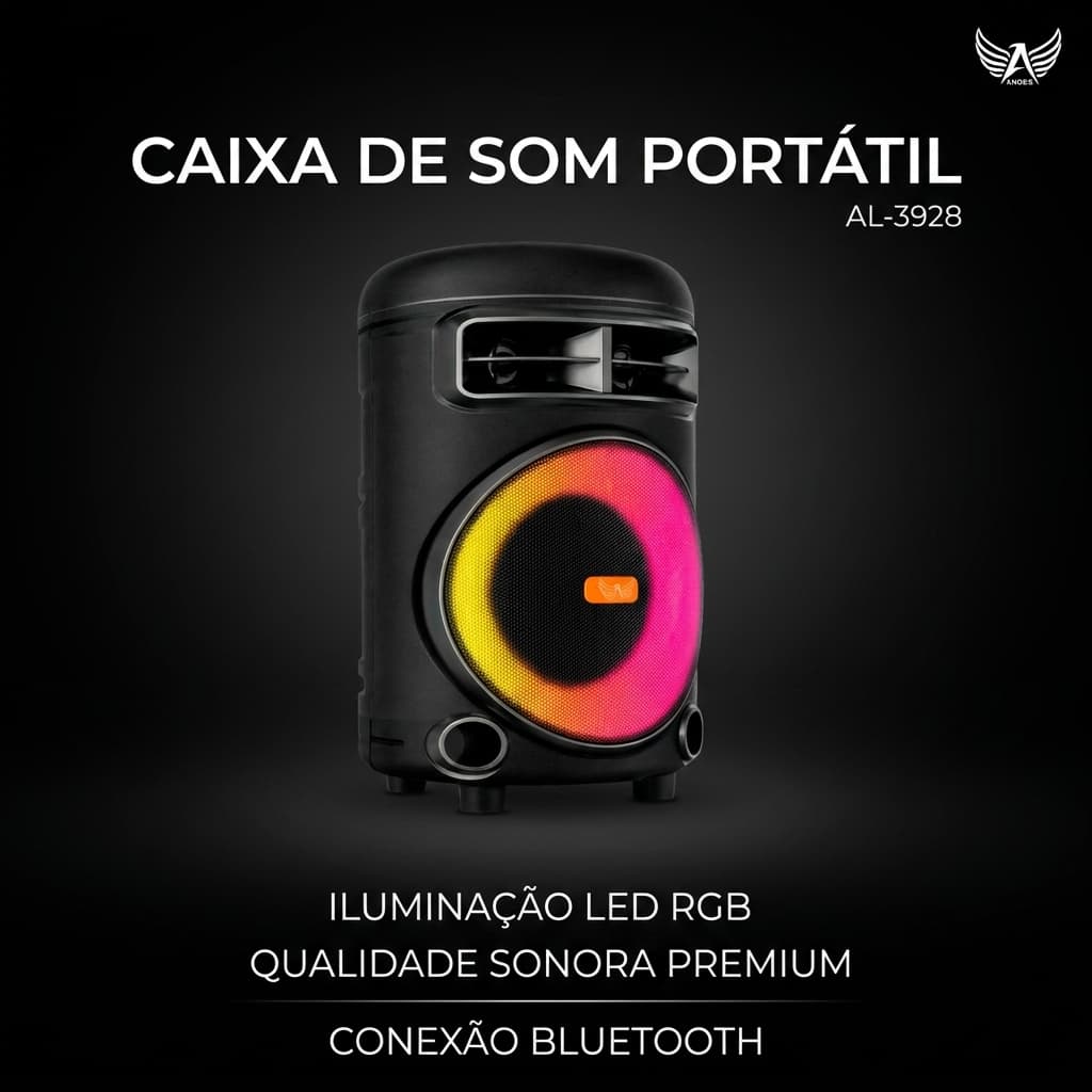 Caixa De Som Bluetooth 5.0 120W FM USB Karaokê LED Entradas P2 P10  Altomex AL-3928