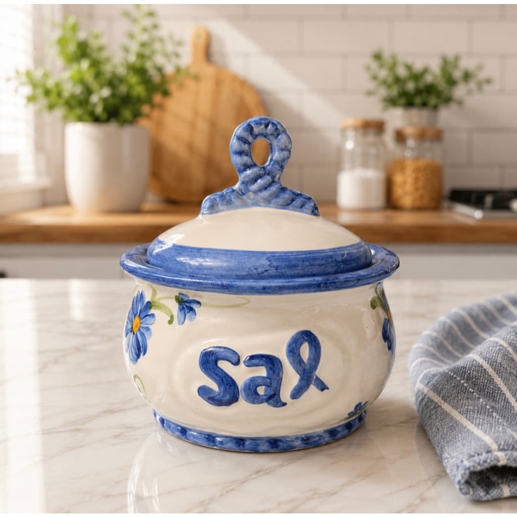 Saleiro de Cerâmica Decorativo Azul e Branco | Pote para Sal com Tampa | Saleiro de Cozinha Artesanal
