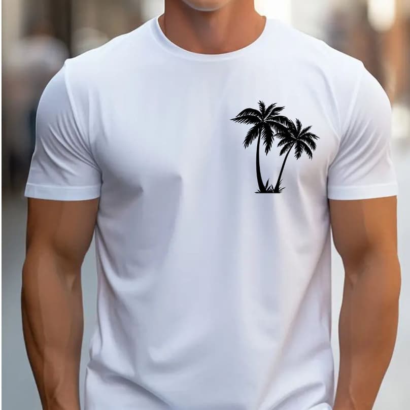 Camiseta Masculina Coqueiros Estampa no Peito Estilo Praia Streetwear Casual Moderna Confortável