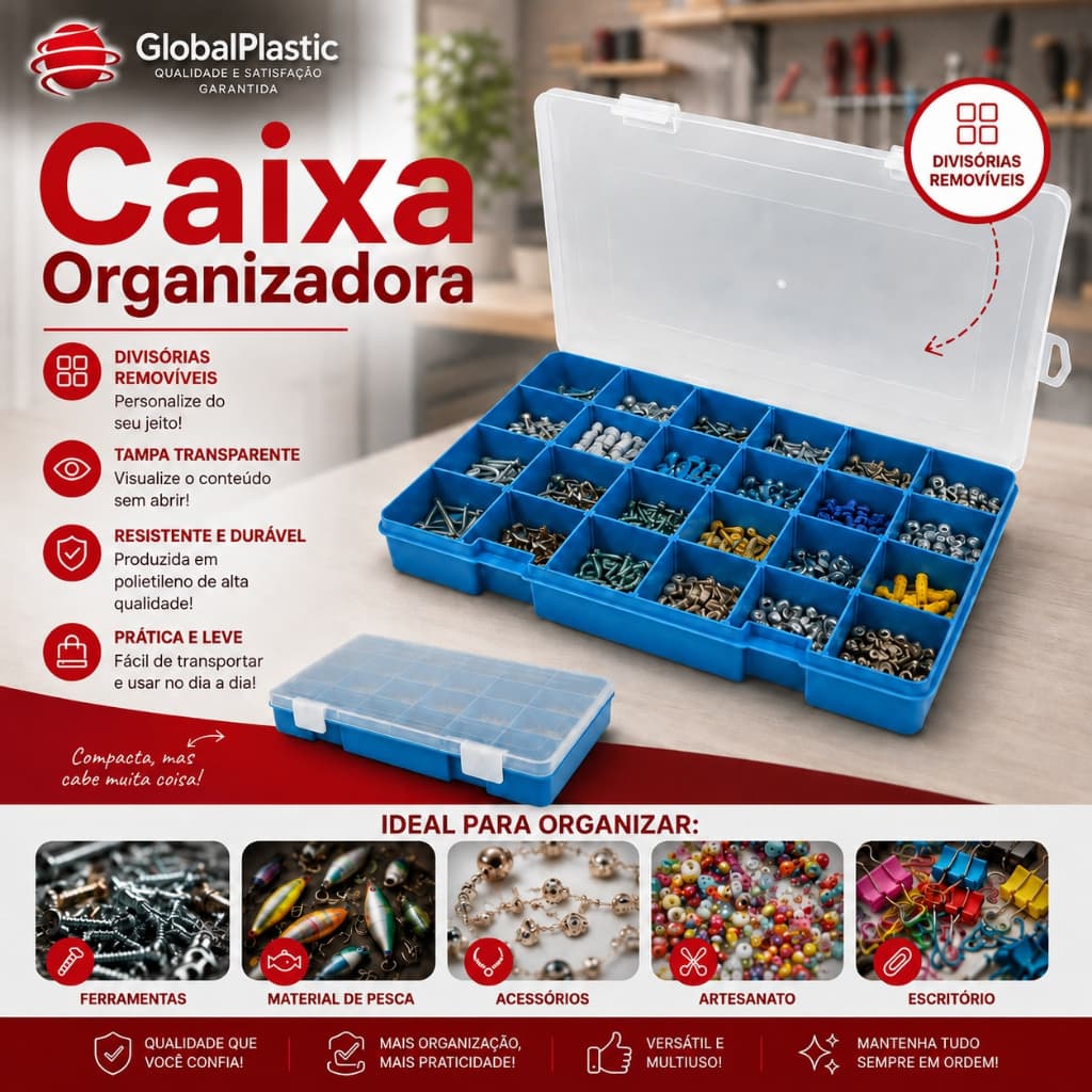 Caixa Organizadora Plástica Multiuso com Tampa Transparente e Divisórias para Ferramentas, Parafusos, Pesca, Artesanato