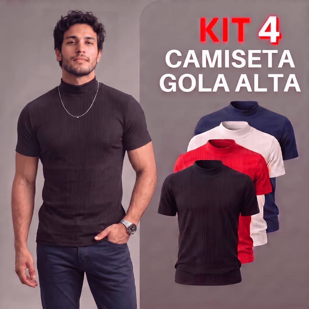 Kit 4 Camiseta Masculina Gola Alta Canelada Slim Fit Premium Old Money Manga Curta