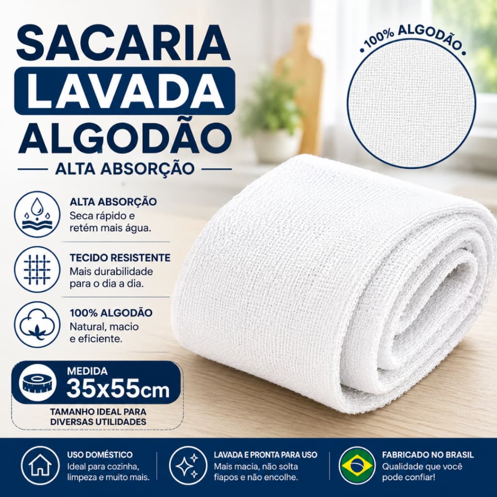 Sacaria Pano de Chão Lavada Branca 35x55cm Alta AbsorçãoReutilizável Limpeza Doméstica Profissional