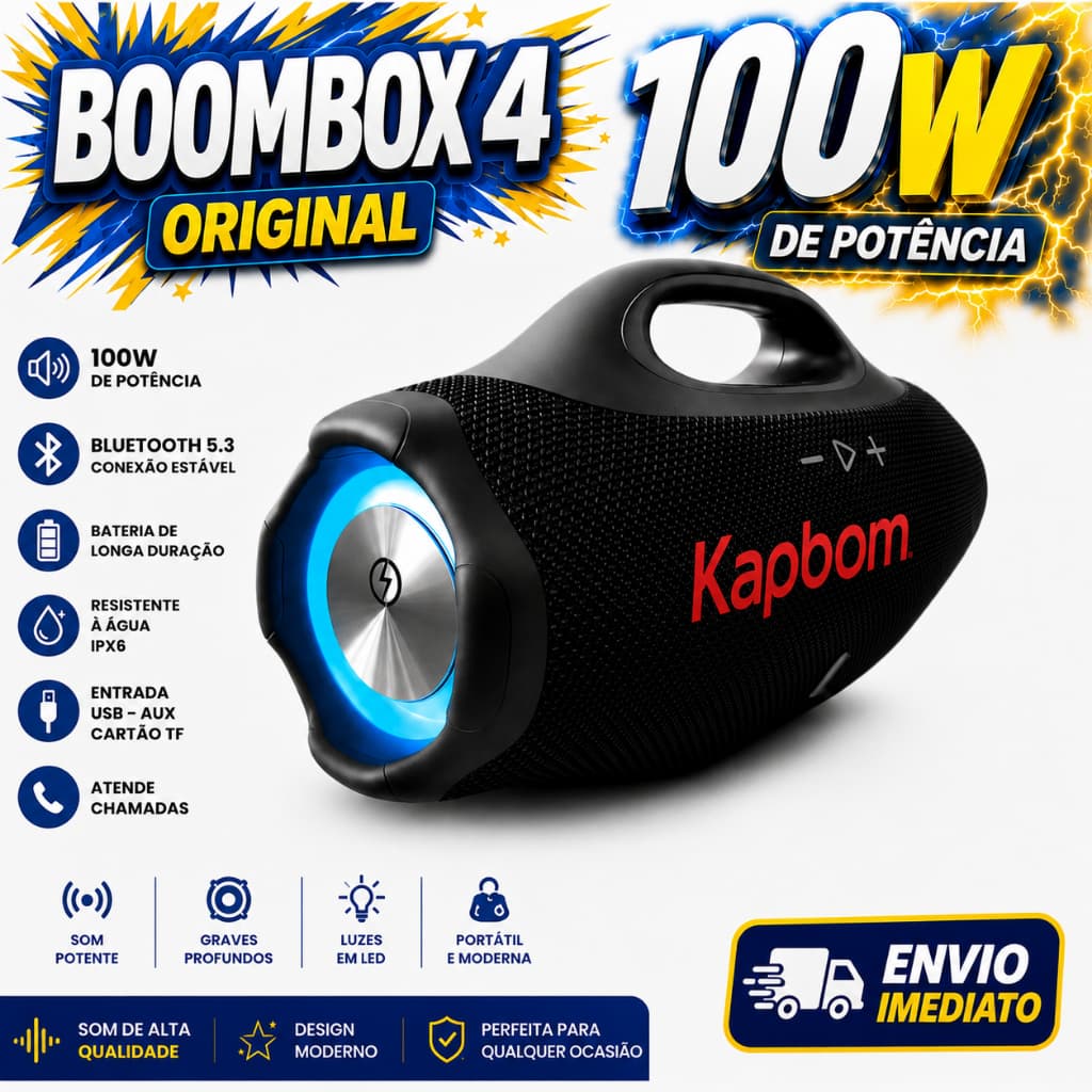 BOOMBOX 4 Caixa de Som POTENTE 100W / 50W RMS Portátil Bluetooth Rádio FM TWS AUX Prova D' Água