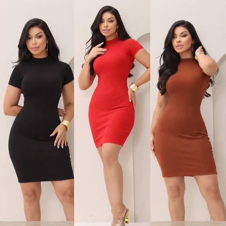 Vestido Feminino Tubinho Curto Gola Alta Manga Curta Canelado Casual Moda Blogueira P M G GG