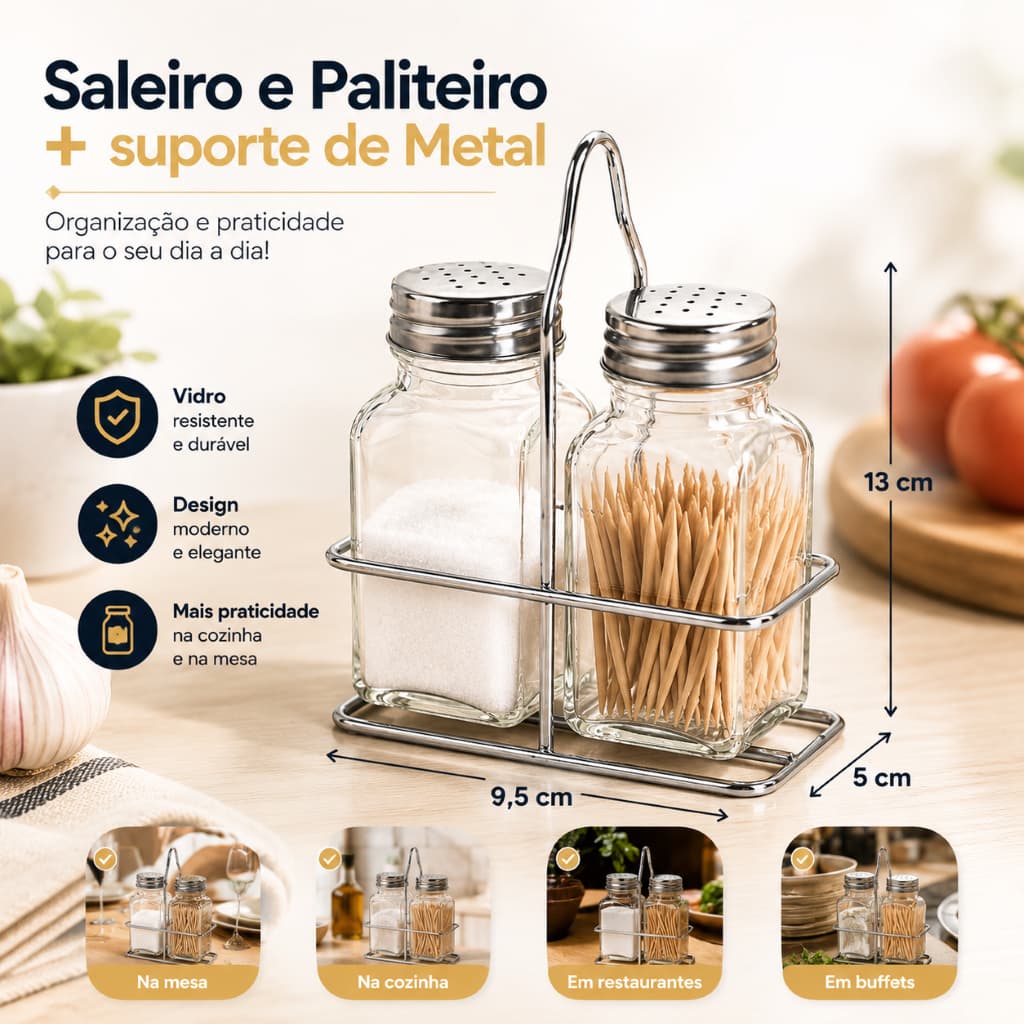 Kit Saleiro e Paliteiro 2 Peças com Suporte Metal para Mesa Cozinha Condimentos Tempero Organizador