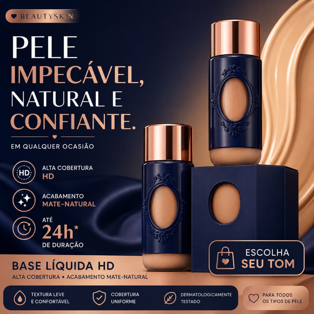 Base Líquida Alta Cobertura HD BeautySkin 40ml Matte Natural Para Pele Mista e Oleosa 30 Tons