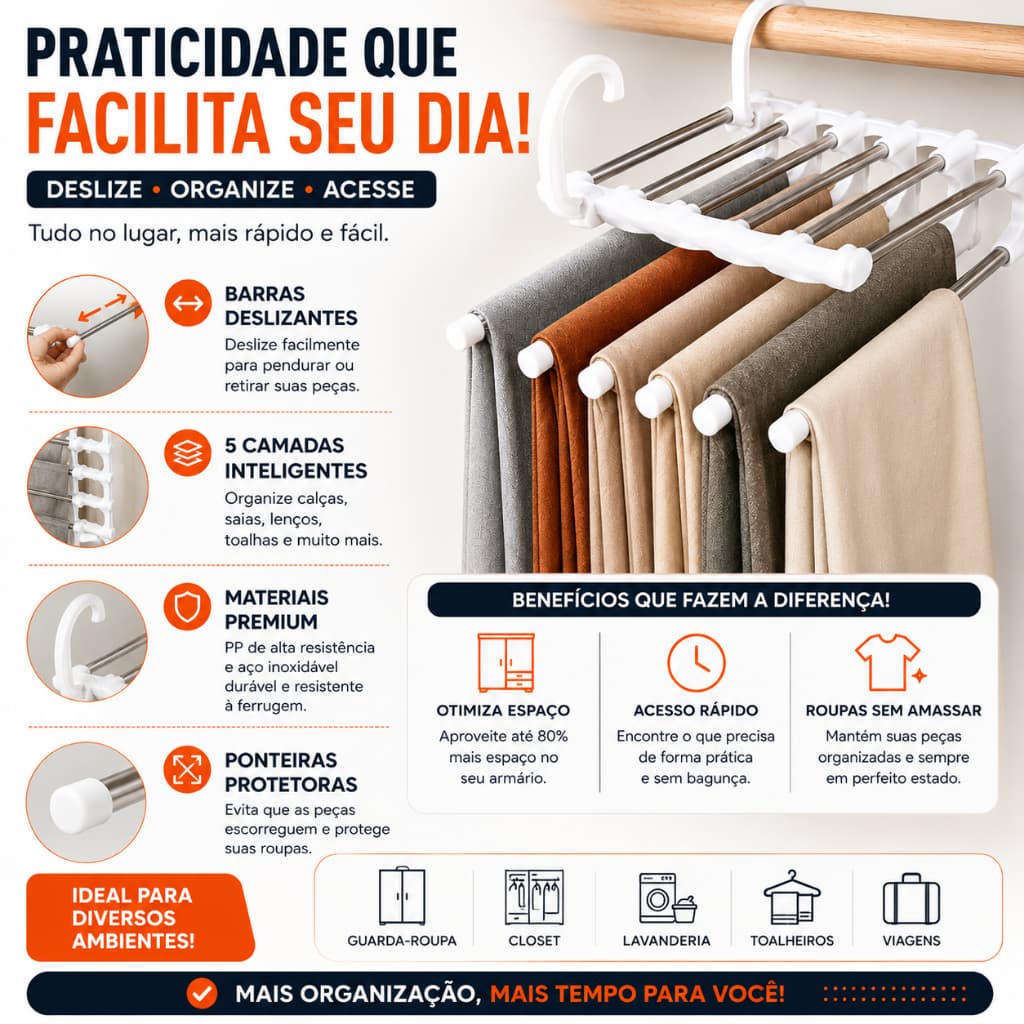 Cabide Organizador 5 em 1 para Calças Retrátil Multifuncional Aço Inox Economia de Espaço Guarda-Roupa