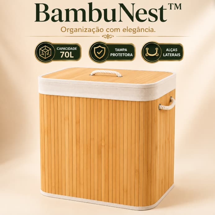 Cesto Organizador de Bambu 70L com Tampa e Alças para Roupas BambuNest™