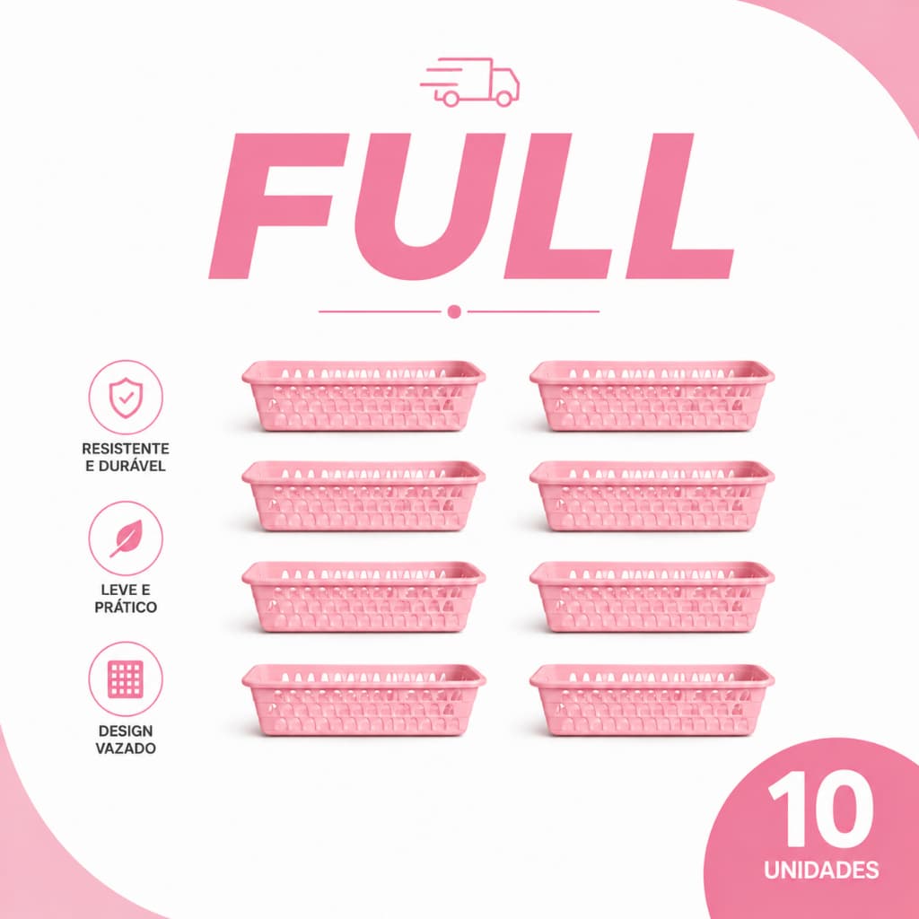 Kit 10 a 3 Cestos Organizador Cozinha, Banheiro Multiuso Grande de Gaveta Retangular Rosa