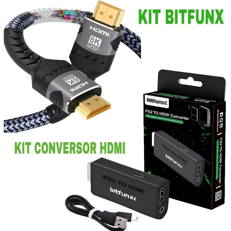 Conversor BITFUNX HDMI Para Ps2 + Cabo HDMI 2.1  8k 120Hz 2 metros cabo HDMI alta velocidade