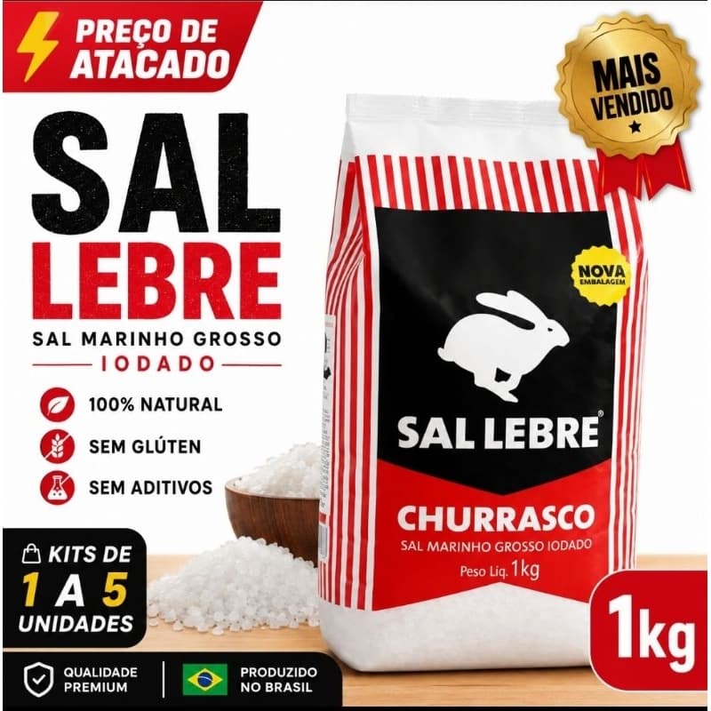 kit Sal Grosso Lebre Churrasco 1kg - Kit Com 2, 4 ou 6 Unidades Sal Marinho Especial Churrasqueiro peixe frango natural